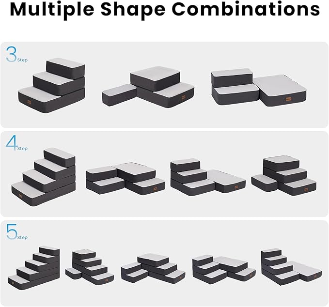 3-Step Adjustable Dog Stairs for Sofa and Couch, Dog Steps for Small Dogs and Cats, Foldable Pet Stairs for Low Bed Climbing, Non-Slip Pet Step Indoor, Grey