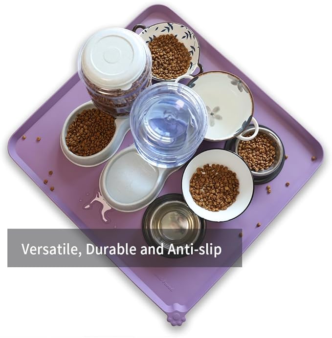 Hoki Found XX-Large Silicone Pet Food Mats - Non Slip Dog Cat Bowl Placemats - Waterproof Dog Cat Food Mats for Carpet - Amethyst