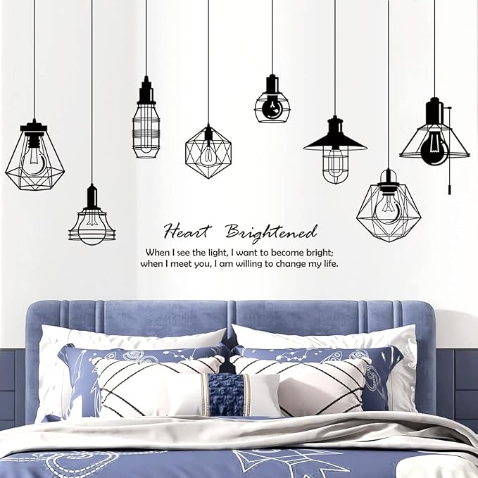 Removable 8pcs Hanging Black Vinyl Chandeliers Wall Sticker Quotes Heart Brightened Wall Decal DIY Peel and Stick Decor for Kids Boys and Girls Bedroom Living Room Studyroom Playroom Classroom