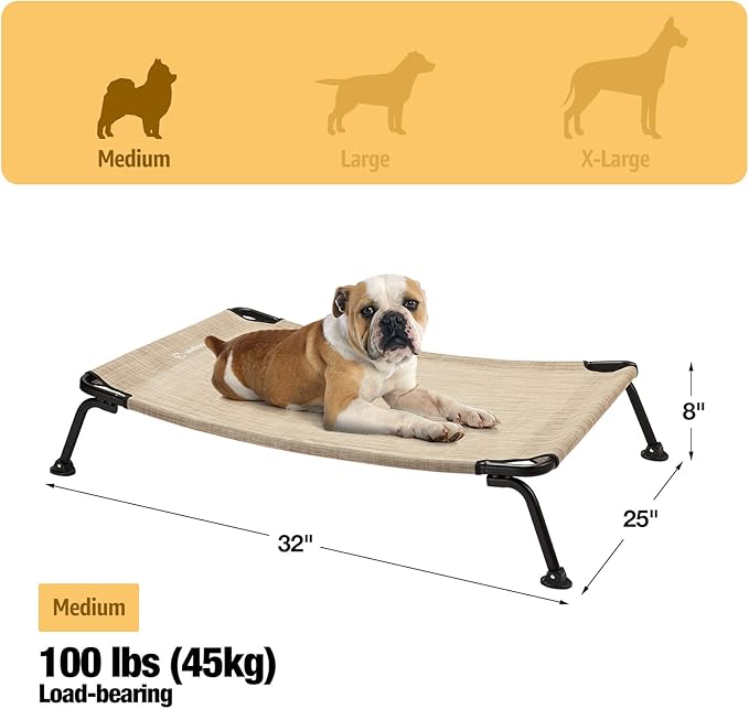 Veehoo Outdoor Elevated Dog Bed, Cooling Raised Dog Cots Beds for Medium Dogs, Portable Waterproof Curved Dogs Hammock Bed for Outside, up to 100lbs, Black Legs, Beige 32"