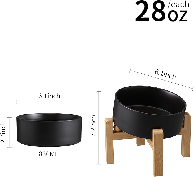 Black Elevated/Raised 15°Tilted Anti Slip Ceramic Dog Bowl for Small/Medium Breeds,Slanted Bulldog Big Face Pet Food Water Feeding Dish with Stand for Cats and Dogs (3.6 Cups/28 OZ)