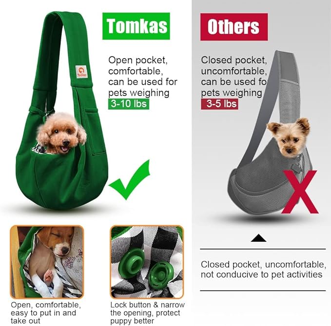 Tomkas Small Dog Sling Carrier - Classic Pocket & Classic Strap - for 3-10 lbs Pets(Emerald Green)