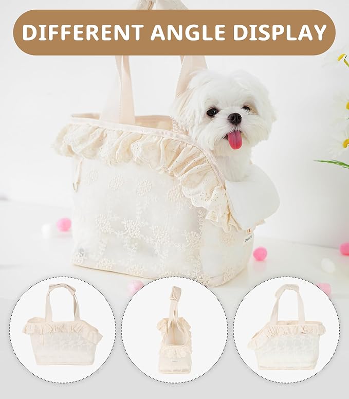 Dog Carrier for Small Dogs Rabbit cat with Lace Design, Cotton Bag, Dog Carrier Soft Sided, Collapsible Travel Puppy Carrier (Beige, 9.4" L x 5.9" W x 9.4" H)