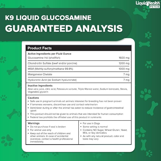 LIQUIDHEALTH Pets K9 Glucosamine Chondroitin Supplement for Dogs & Puppies & Joint Purr-Fection Hip & Joint Glucosamine Drops for Cats & Kittens - Pet Health Supplement Bundle for Mobility, USA Made