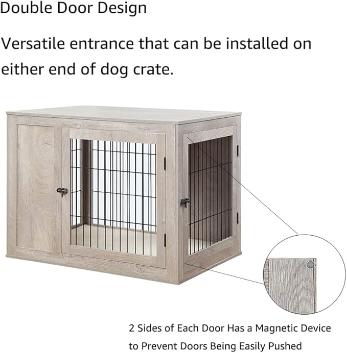 unipaws 41 Inch Furniture Style Dog Crate for Medium Large Dogs, Indoor Aesthetic Dog Stuff Kennel, Modern Wood Wire Cage, Pretty Cute End Side Table Nightstand, Weathered Grey