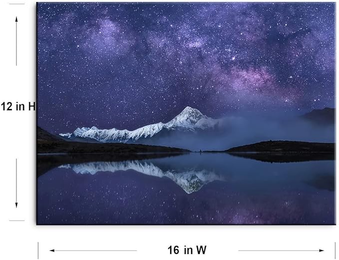 Peaceful Star Lake Landscape Wall Art For Bedroom,Starry Night Sky Over Snowy Mountain,Purple Milky Way Galaxy Scenery Decor,Giclee Canvas Print Picture, Inner Frame 12x16 Inches
