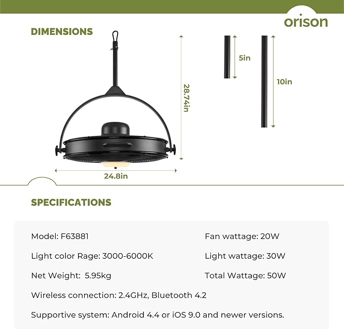 Orison 24.8'' Waterproof Outdoor Ceiling Fan, 6 Speed Ceiling Mounted Plug-In Cord Garage Fan with Remote&APP, 360-degree Manual Vertical Rotation, Hook hanging for Gazebo, Patio, Pergola (Black)