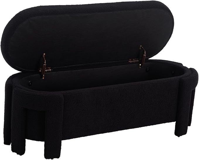 Kmax 50" Storage Ottoman Bench Modern Faux Fur Boucle Entryway Bench Comfy Upholstered End of Bed Bench for Hallway Entrance Bedroom Corner, Black