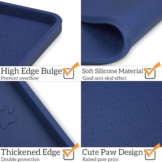 Ptlom Pet Placemat for Dog and Cat, Waterproof Non-Slip Silicone Feeding Bowl Mat Prevent Food and Water Overflow, Puppy Dish Feeder Fountain Trays Suitable for Medium and Small Pets, Navy Blue