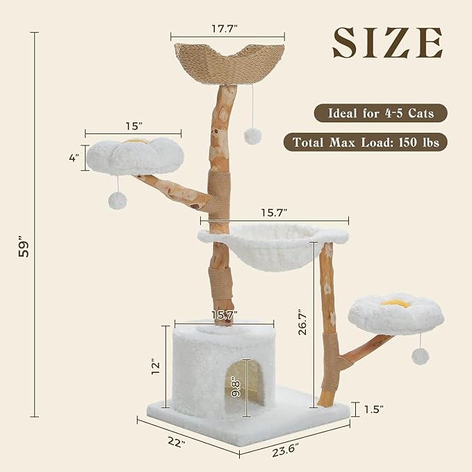 59" Modern Cat Tree Tower for Large Cats w/2 Flower Perches-Natural Solid Wood Scratching Post with Real Branch-Luxury Boho Cat Furniture w/Condo & Wicker Basket Bed, Cloud White