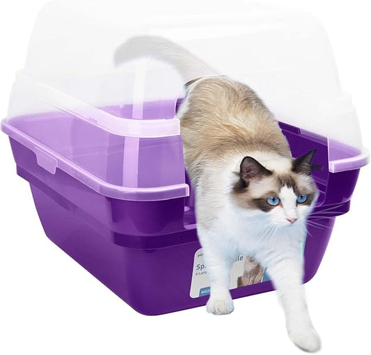 Petfamily Cat Litter Box, Large Foldable Jumbo Hooded Cat Litter Box with Transparent Lid (Purple)