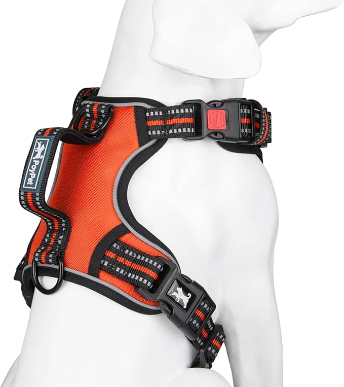 PoyPet No Pull Dog Harness, No Choke Front Clip Reflective Dog Vest with Soft Padded Vertical Handle, 3 Leash Attachments for Small Medium Large Dogs (Orange,S)