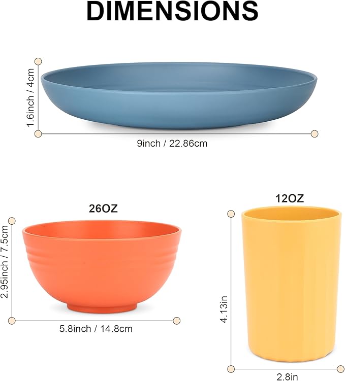 HOTEC 20-Pack Unbreakable Kitchen Plastic Wheat Straw Dinnerware Set – BPA-Free Plates, Bowls & Cups | Lightweight, Microwave & Dishwasher Safe | Multicolor Reusable Tableware for Home & Outdoor Use