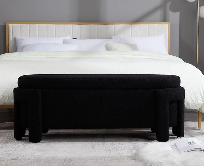 Kmax 50" Storage Ottoman Bench Modern Faux Fur Boucle Entryway Bench Comfy Upholstered End of Bed Bench for Hallway Entrance Bedroom Corner, Black