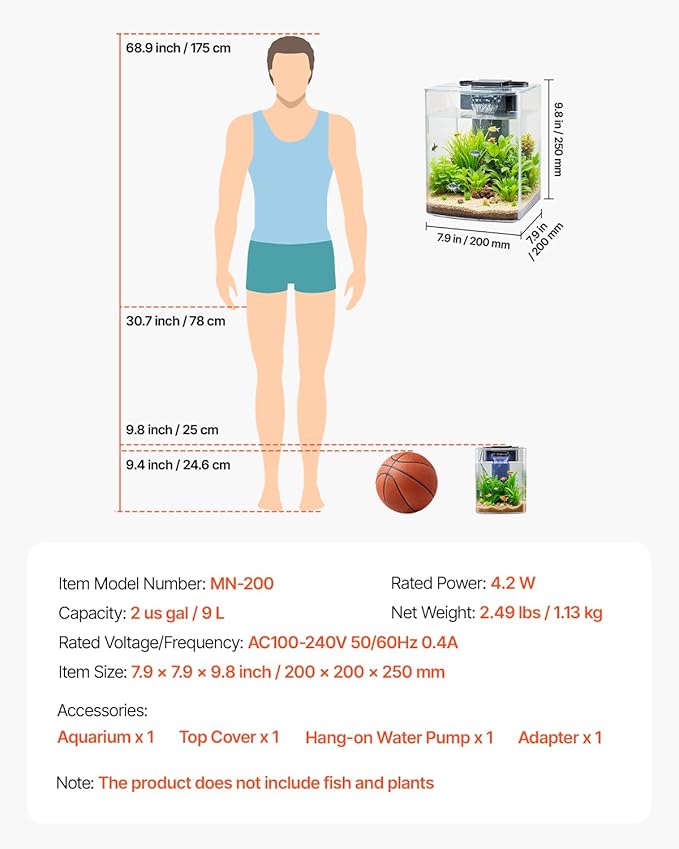 VEVOR Fish Tank Aquarium, 2 Gallon Arch Ultra-Clear GPPS Starter Smart Tank Adjustable 3 Color Lighting, Self Cleaning System Fishbowl for Freshwater & Saltwater Fish Home, Office, or Pet Use