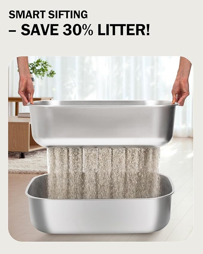 Stainless Steel Sifting Litter Box with Lid, Metal Litter Pan Tray with Scoop for Big Cats & Multi Cat, Extra Large Cats Litterbox Odor Control, Easy Clean (with Enclosure & Step, X-Large)