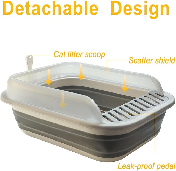 Open Cat Litter Box with High Side, Anti-Splashing Kitty Litter Pan Collapsible Travel Litter Potty Pan Scoop Leak-Proof Pedal Cat Toilet No Smell Easy Clean (M Gray High Side)