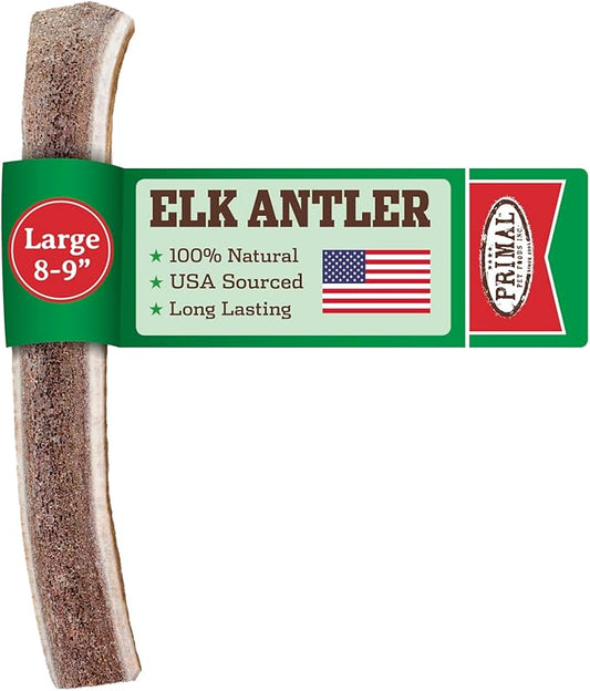 Primal Antlers for Dogs, Grade A Split Elk Antlers for Large Canines 30-45 lb, Natural Chews for Aggressive Chewers, Naturally Shed, Long Lasting Dog Bones, 1 ct