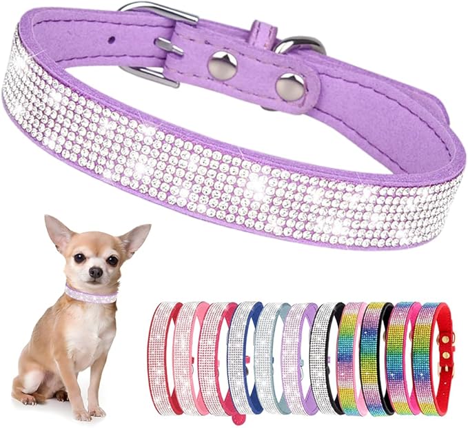 Rhinestone Dog Collar for Small Dogs, Bling Diamond Fancy Crystal Glitter Pretty Jewel Pet Puppy Collars for XXS XS Small Medium Large Breed Girl Dogs Female Cats Kitten, Purple XSmall