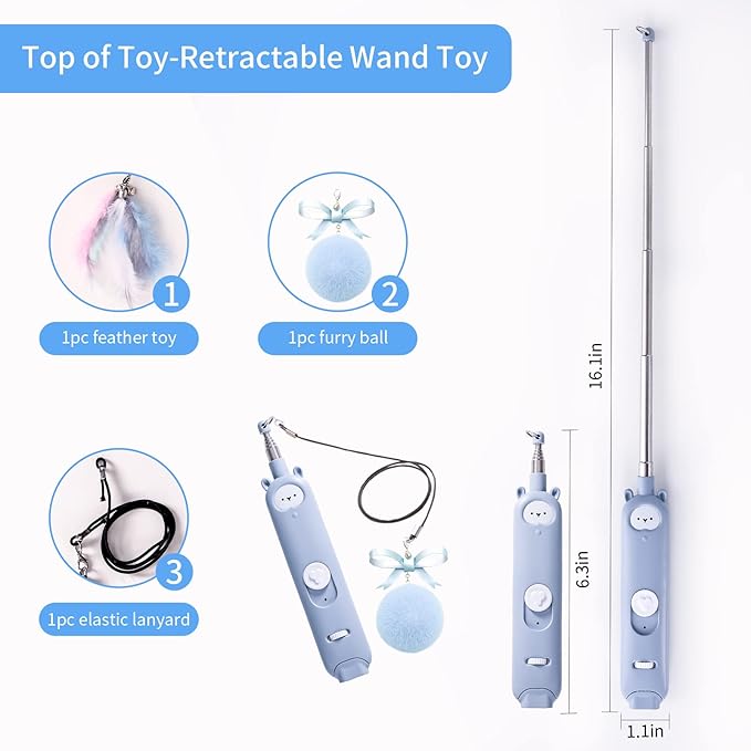 Cat Laser Toys, 2 in 1 Laser Pointer Cat Toys,Internative Cat Toys for Indoor Cats,3+5 Light Modes Cat Wand Toy, Retractable Cat Feather Toys, Long Range Kitten Toys,USB Rechargeable (Blue)