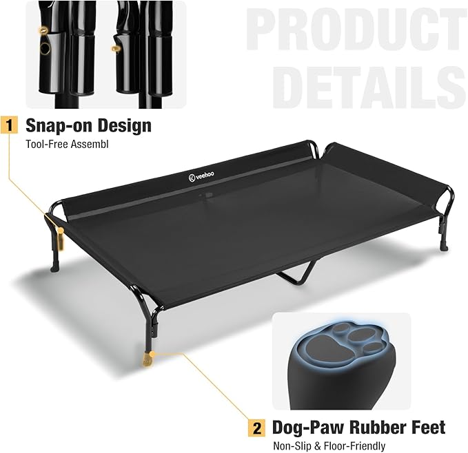 Veehoo Cooling Elevated Dog Bed, Guardrail Raised Pet Cot, Indoor & Outdoor XXL Pet Bed with Washable & Breathable Teslin Mesh, Non-Slip Feet, Dog Couch Bed, 62.5" x 37", Black