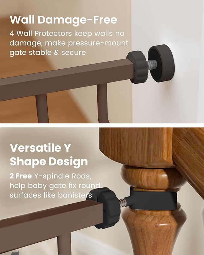 Mom's Choice-GROWNSY Baby Gate for Stairs, 29.5"-48.4" Pressure Mounted Baby Gate for Top of Stair&Doorway with V-Shaped Rods, Anti-Trip Pedal,Wide Stairs Dog Gate Easy Install w/Red Reminder,Brown