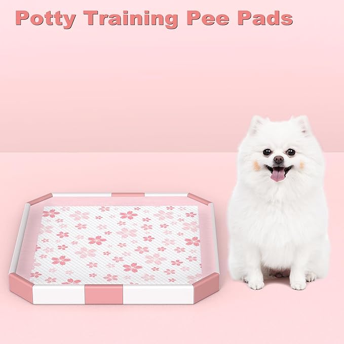 MIZOK Puppy Pads 22"x 22" with Leak-Proof Quick-Dry Design Pee Pads for Dogs Potty Training, 6-Layer Standard Absorbency Dog Pee Pads Regular Size, Pink Cherry Blossom Pattern (50 Counts)