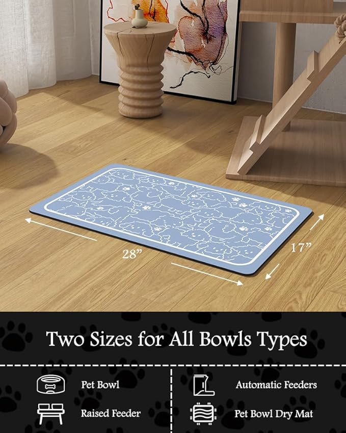 Pet Feeding Mat-Absorbent Dog Mat for Food and Water Bowl-No Stains Quick Dry Water Dispenser Mat-Dog Accessories Pet Supplies-Bowl for Messy Drinkers（BLUEDOGS,17"x28"