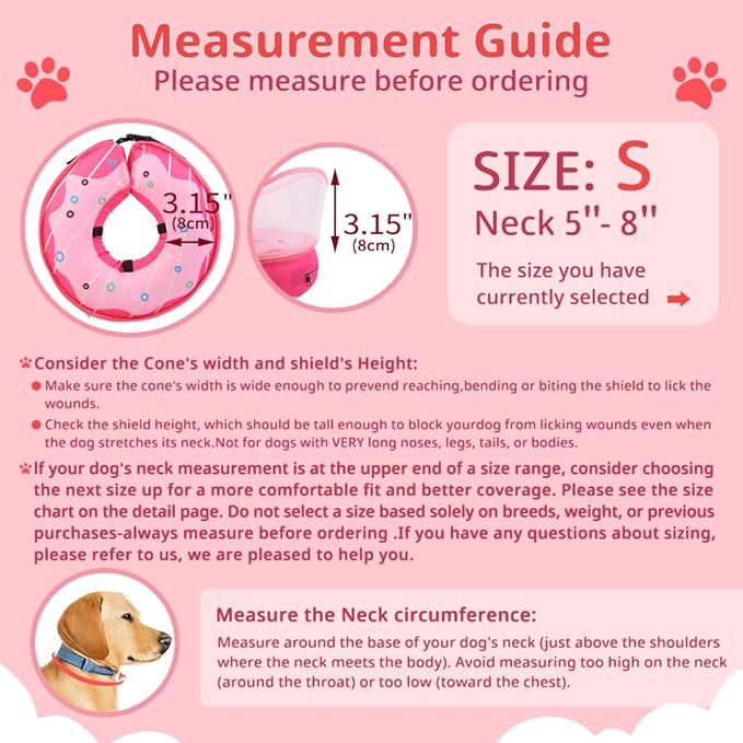 Soft Dog Cone Collar, Inflatable Donut Cones Alternative After Surgery with Anti-Lick Shield, for Large/Medium/Small Dogs to Stop Licking, Elizabethan Neck Ecollars of Shame, Comfy Pillow Recovery, S