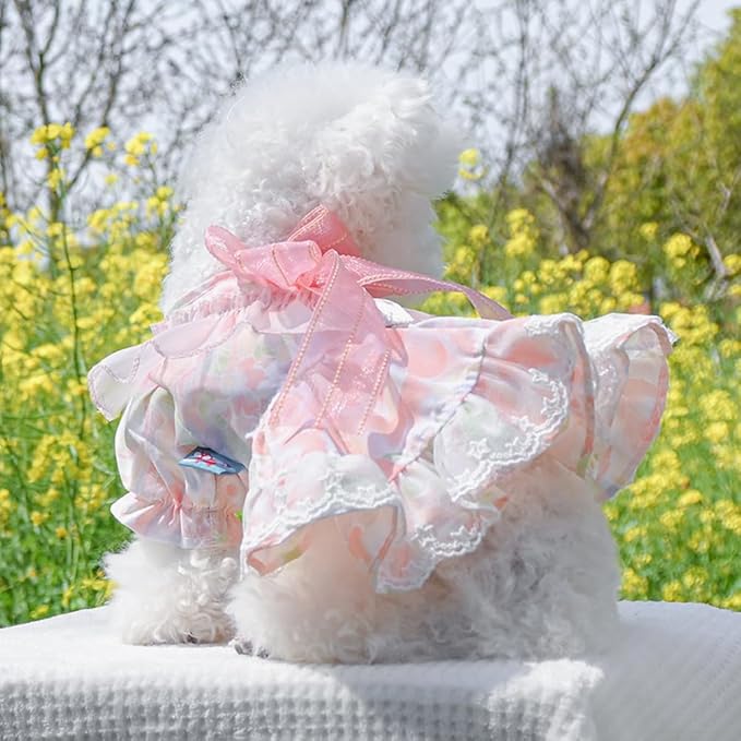 Pink Dog Dress for Small Dog Girl Spring Puppy Clothes with Bow Puff Sleeves Cat Outfit Doggy Princess with Leash Ring Doggies Harness Dress Summer Pet Apparel (Pink, Small)