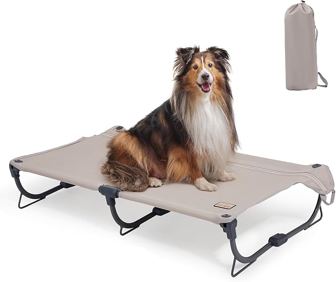 Daisy Cot, Medium Foldable Elevated Dog Bed, Portable Raised Outdoor Folding Dog Cot, Cooling, Chew Proof, Waterproof, Heavy Duty Up to 160 lbs for Camping/Home, Brown, 32"x 19"x6"