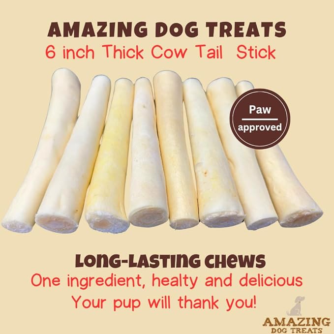 Amazing Dog Treats - 6 Inch Cow Tail Dog Chew- Thick - (10 Pcs/Pack) - Premium Quality - Sourced from Grass Fed Cattle - Long Lasting Dog Chew- Rawhide Alternative