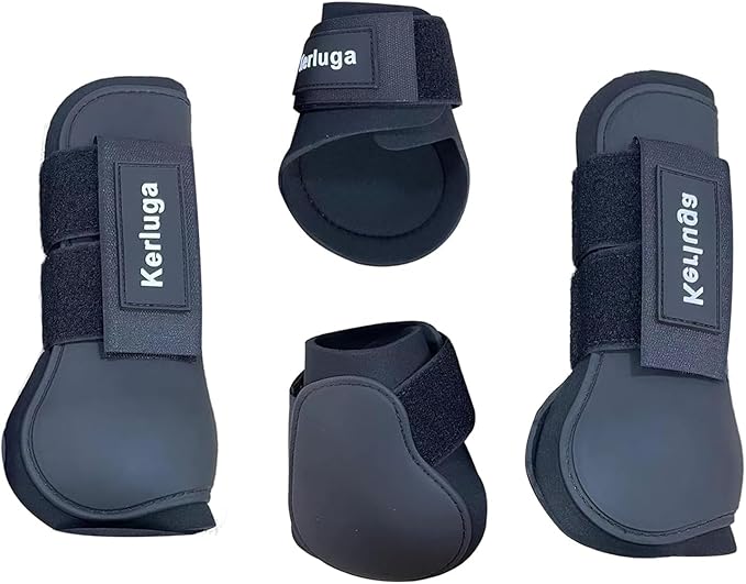 Horse Boots Set of 4 Open Front & Fetlock Tendon Boot for Horses Professional Sport Protection Impact-Absorbing Equine Leg Support Wraps for Jumping, Riding, Training (Black, Full)