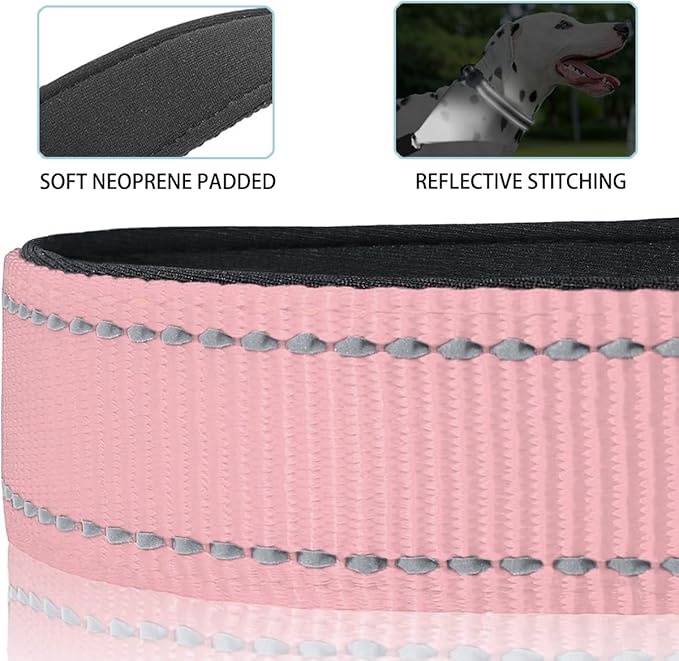 JSXD AirTag Dog Collar, Night Reflective Nylon Dog Collar for Small Medium Large Dogs,Lockable Quick Release Buckle,Padded Breathable Pet Collar with AirTag Holder (Pink, Medium)