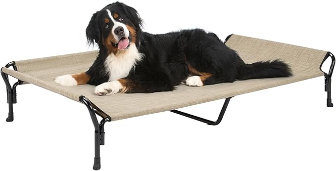 Veehoo Cooling Elevated Dog Bed, Guardrail Raised Pet Cot, Indoor & Outdoor XXL Pet Bed with Washable & Breathable Teslin Mesh, Non-Slip Feet, Dog Couch Bed, 62.5" x 37", Beige Coffee