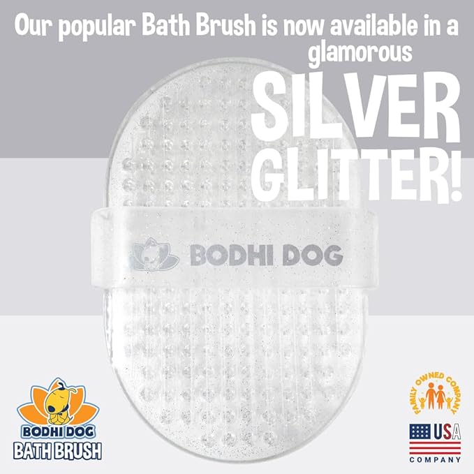 Bodhi Dog Shampoo Brush - Pet Grooming & Bath Supplies for Dogs and Cats - Bath Brush for Long & Short Hair - Premium Scrubber for Shower, Bathing & Massage (One Pack, Silver Glitter)