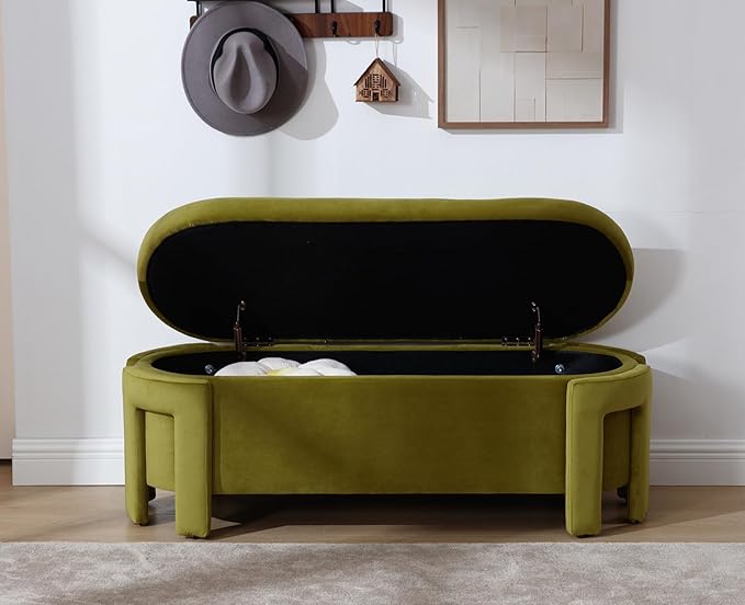 Kmax 50" Storage Ottoman Bench Modern Velvet Entryway Bench Comfy Upholstered End of Bed Bench for Hallway Entrance Bedroom Corner, Olive Green