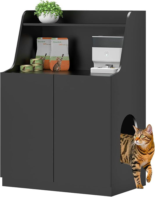 Large/Tall Litter Box Enclosure, Modern Wooden Litter Box Furniture for XL Litterbox with Open Shelf as Sideboard Cabinet (Black)