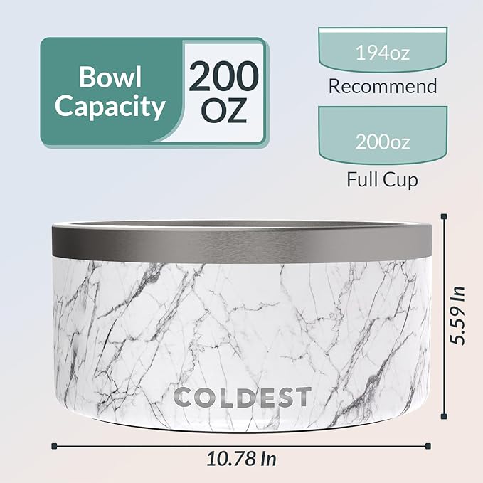 Coldest Dog Bowl - Anti Rust Metal, Non Slip, 3 Layers Insulated Stainless Steel Dog Bowls - Spill Proof & Heavy Duty - Water Bowl for Dogs, Cats & Pets, Dish Washer Safe (200 oz, Carrara Marble)