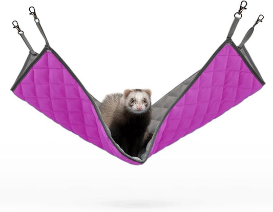 Paw Inspired Hanging Fleece Hammock for Ferrets, Rats, Chinchillas, Sugar Gliders, Small Pets | Hideout Toy for Guinea Pigs, Hamsters | Swivel Clips for Small Animal Cages (Gray/Pink)