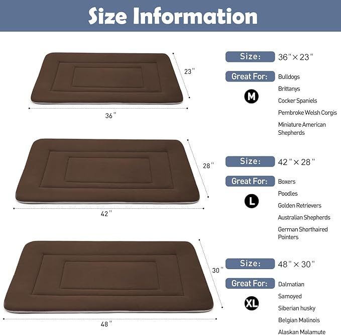JoicyCo Soft Dog Crate Bed Pad Mat, 48 in Non-Slip Bottom Washable for Extra Large Dogs, Pet Mattress Kennel Pad, Dark Brown