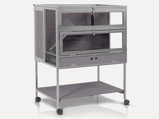 Guinea Pig Cage, Moveable Metal Frame Hamster Cage Anti-Chewing with Aluminium Alloy Edge, Hideouts, Ramps, Seesaws Chewing Toy, Deeper Pull-Out Leakproof Tray for Indoor Outdoor(Grey