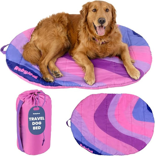 Travel Dog Bed (42" x 30") – Foldable, Packable Camping Dog Bed – Water Resistant, Cozy & Durable Mat with Soft Padding – Compact, Portable & Machine Washable – Large & Small Breeds - Pink
