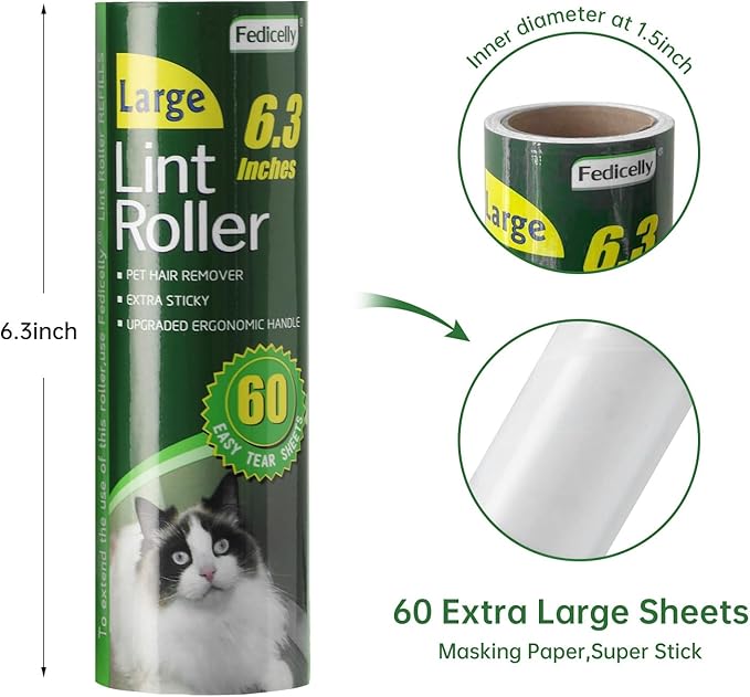 Fedicelly Large Lint Rollers Pet Hair Extra Sticky Floor, Cat Dog Hair Remover Laundry Clothes Carpet Furniture,6.3 inches Wider with 320 Sheets Giant Lint Remover Brush for Couch with Long Handle