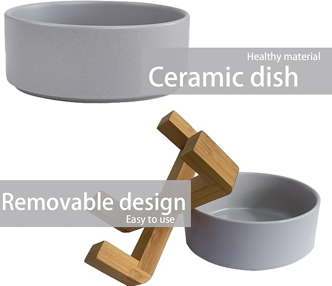 Ceramic Dog Cat Bowl with Wood Stand,Cat Food & Water Bowls Elevated Non-Spill Modern Cute Kitty Dishes Heavy Weighted Round Pet Dishes Set for Small Kitten Grown Cat(Grey)