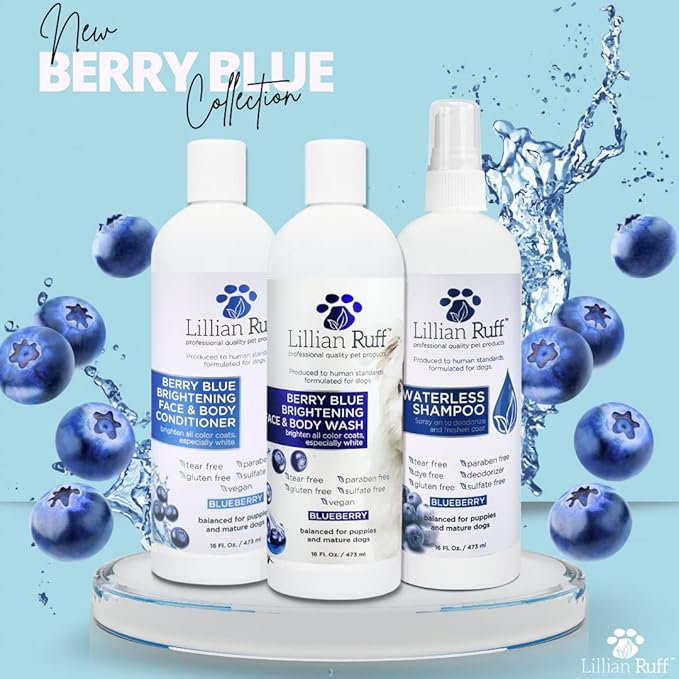 Lillian Ruff PRO Formula Berry Blue Brightening Pet Shampoo - Ultra-Hydrating Professional Whitening Dog Shampoo, Vivid Show-Quality Coat Enhancer, Tear Stain & Odor Eliminator With ProVitamin B5 16oz