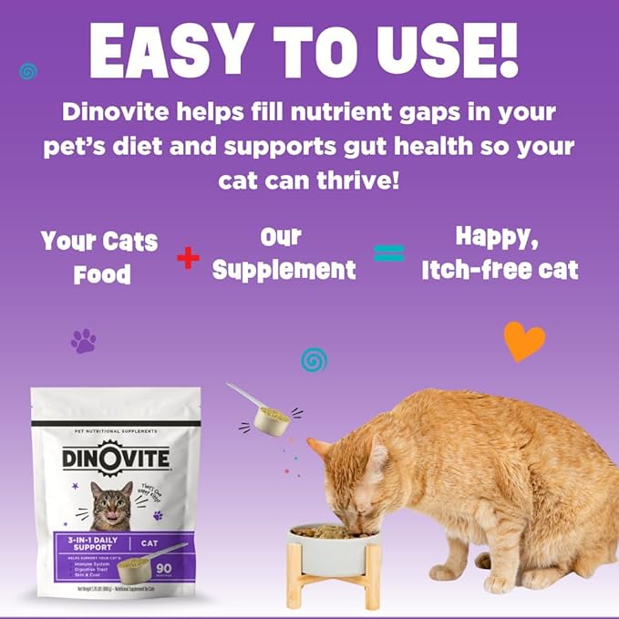 Dinovite for Cats Supplement - Immune + Digestive, Skin + Coat Support, Vitamins, Minerals, Omega 3, Enzymes, Probiotics. Reduces Shedding, Dry Skin, Itching, Stinking, Bald Spots, Seasonal Issues