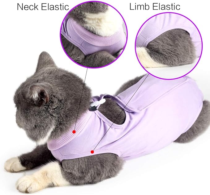 DOTON Cat Recovery Suit for Male and Female Surgical Post Surgery Soft Cone Onesie Shirt Clothes Neuter Licking Protective Diapers Outfit Cover Kitten Spay Collar(L, Purple)