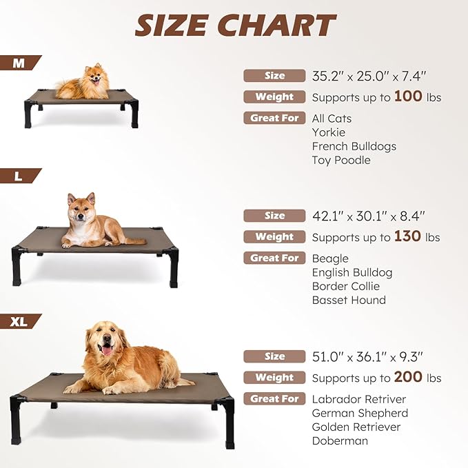 Heeyoo Elevated Dog Bed, Cooling Raised Pet Cot with Chew Proof Washable Breathable Mesh and Metal Frame, Portable Dog Cot Bed with No-Slip Feet for Outdoor or Indoor Use
