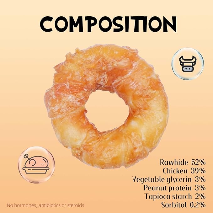 ASMPET Dog Treats Chews, Chicken Wrapped Rawhide Donuts Dental Care Chews for Small Medium Large Breed Aggressive Chewers (Pack of 4)